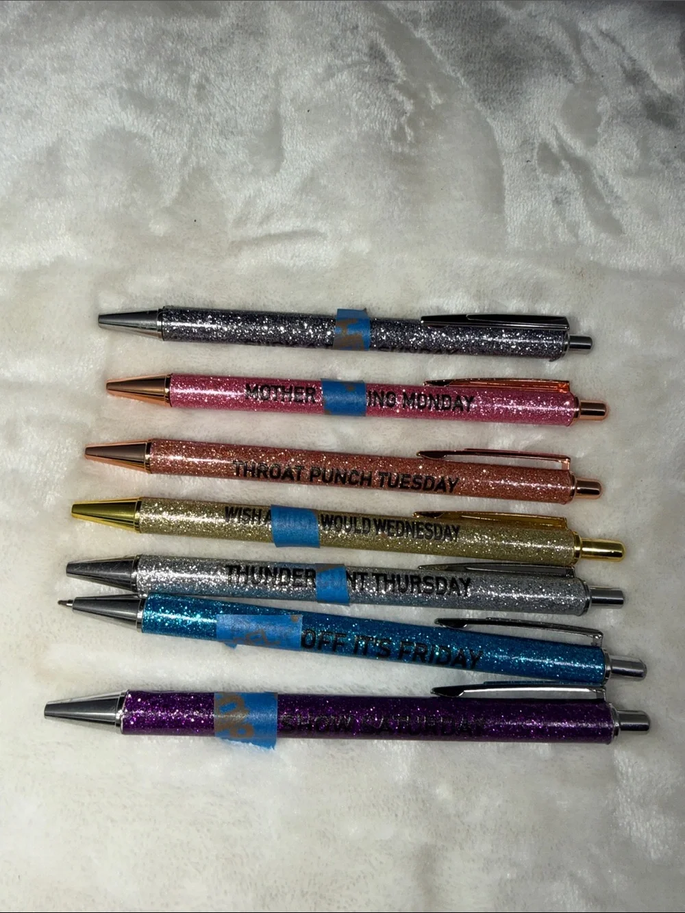 Funny Glitter Day-of-the-Week Pen Set 7 Sparkly Ballpoint Pens Office Humor Gift